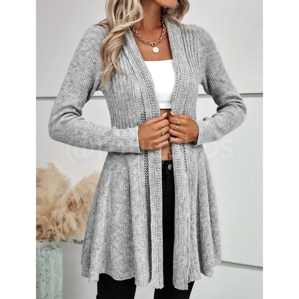 Ruffle Hem Gray Knit Open Cardigan Long Sleeve - Picture 5 of 9